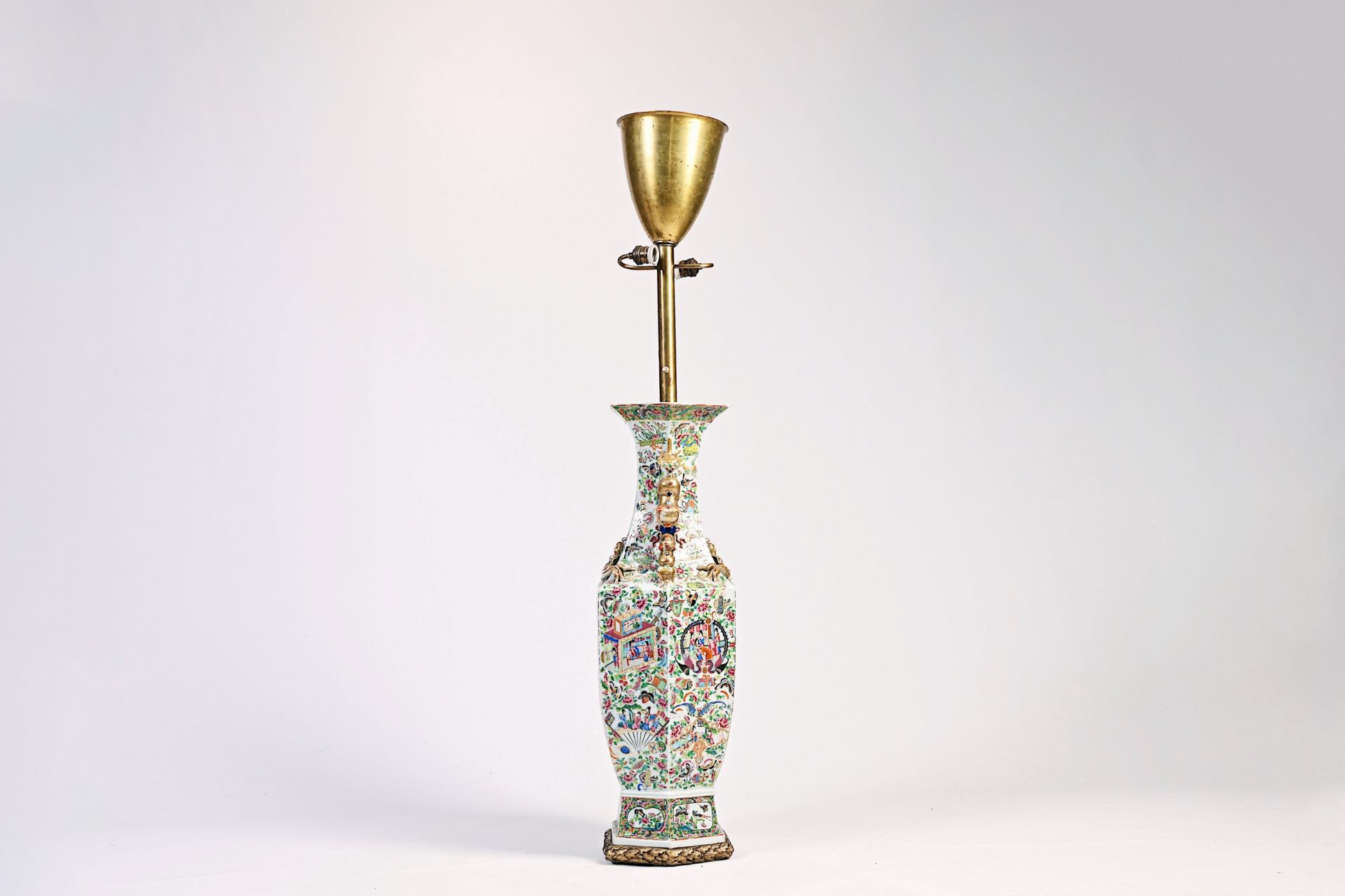 A large Chinese hexagonal Canton famille rose vase mounted as a lamp with an exceptional shade, 19th - Image 8 of 13