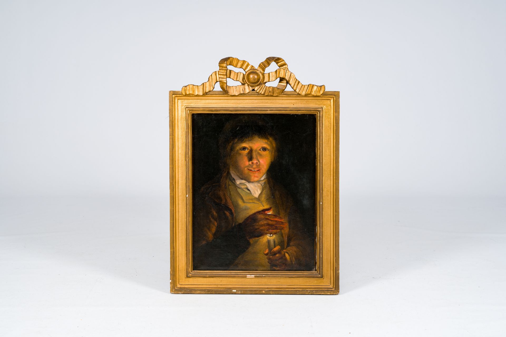 English school, in the manner of Godfried van Schalcken (1643-1706): Man with a candle in hand, oil - Image 2 of 3