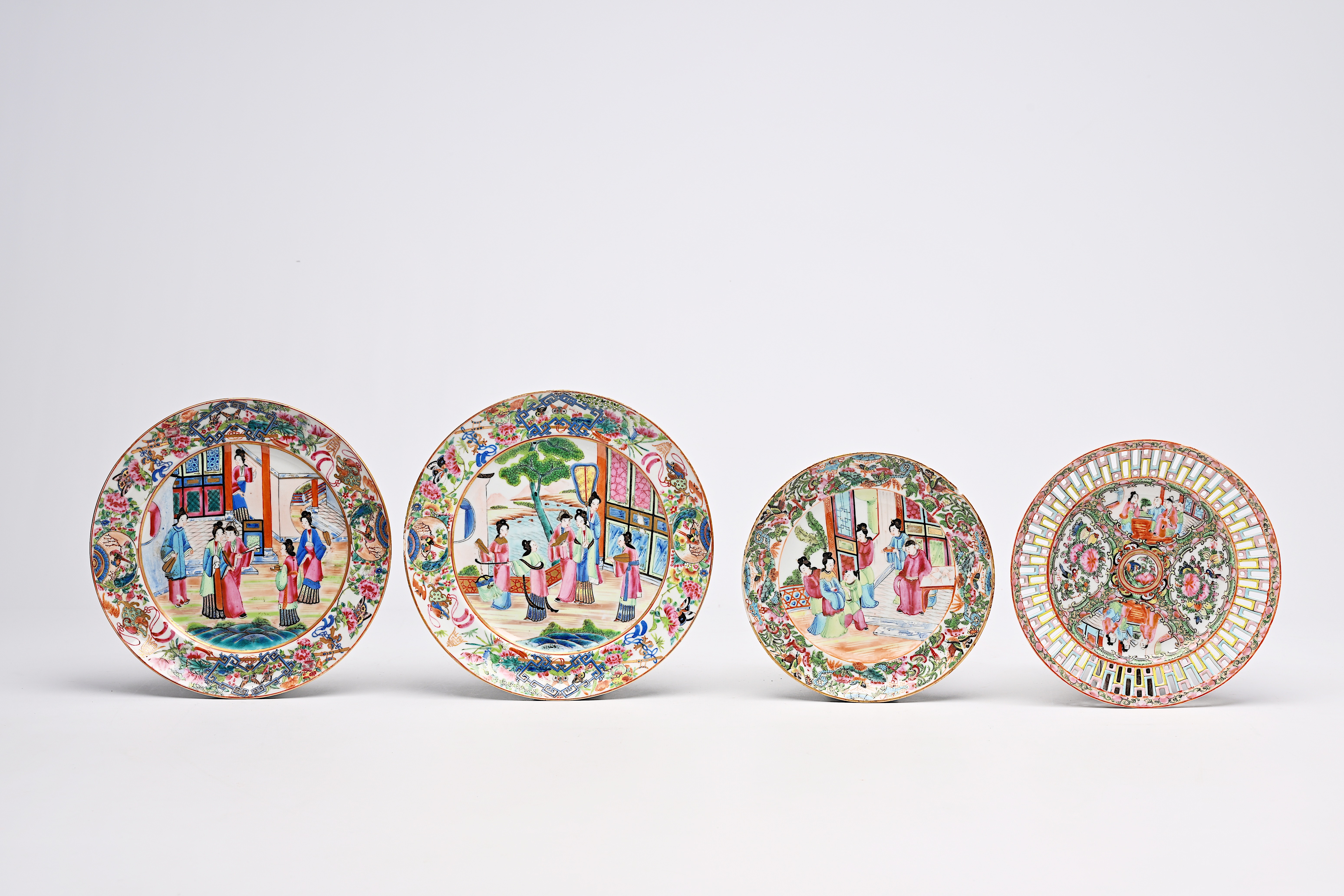 A square Chinese Canton famille rose flower holder with palace scenes and eight various plates and d - Image 2 of 11