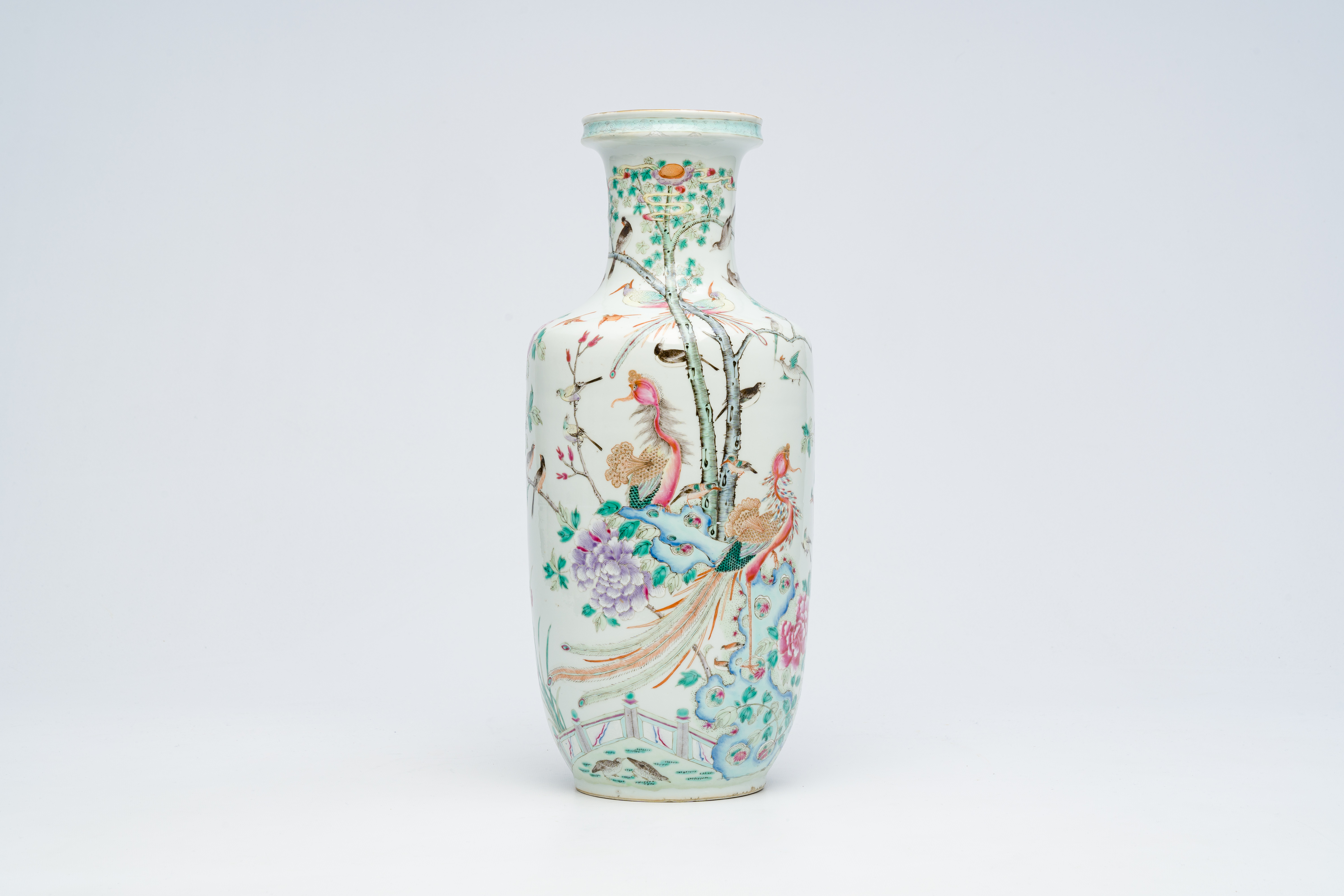 A Chinese famille rose rouleau vase with birds among blossoming branches, 19th C. - Image 5 of 7