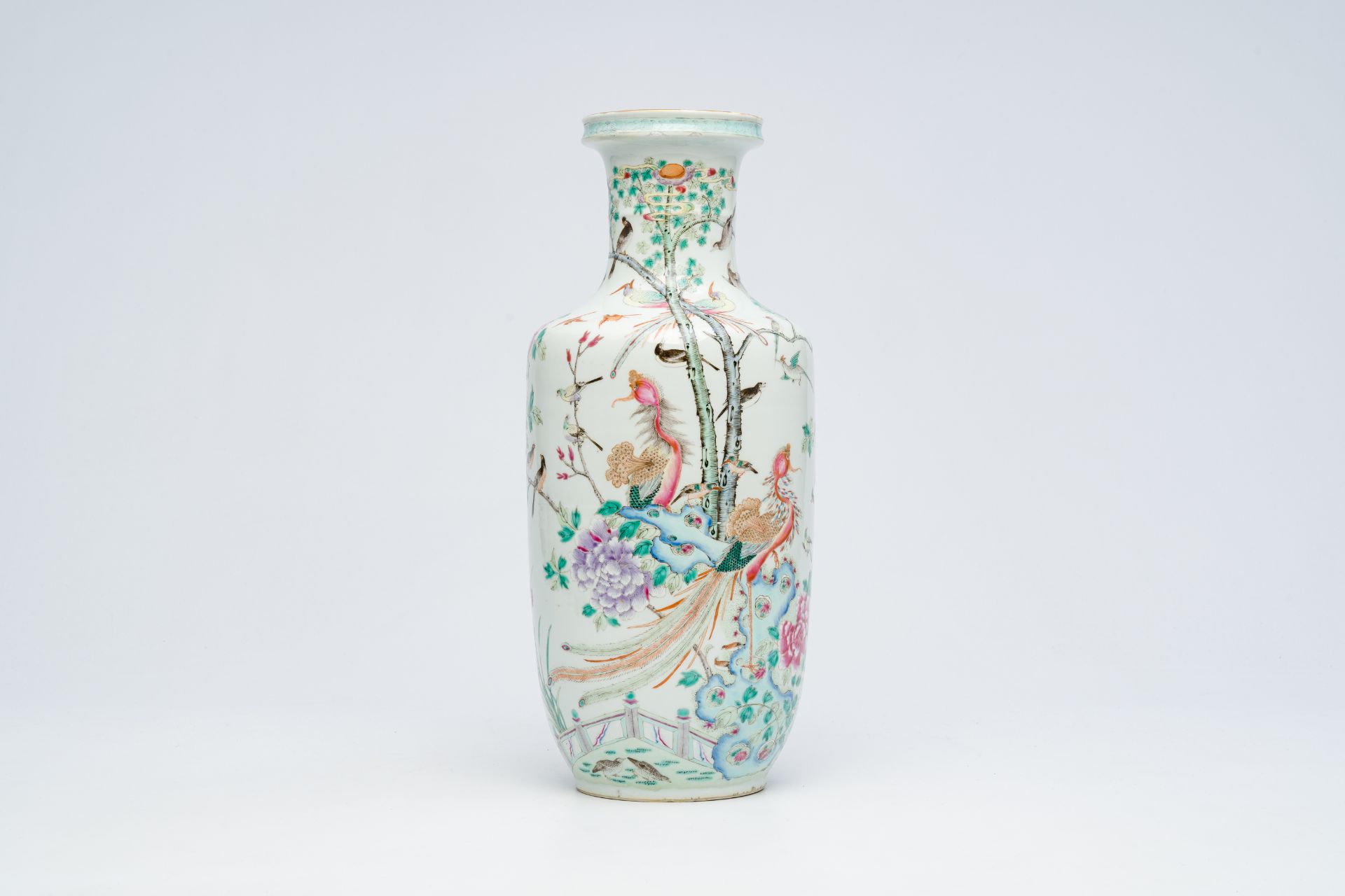 A Chinese famille rose rouleau vase with birds among blossoming branches, 19th C. - Image 5 of 7