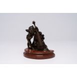 French school: An angel playing a double bass, brown patinated bronze on a red marble base, 19th/20t