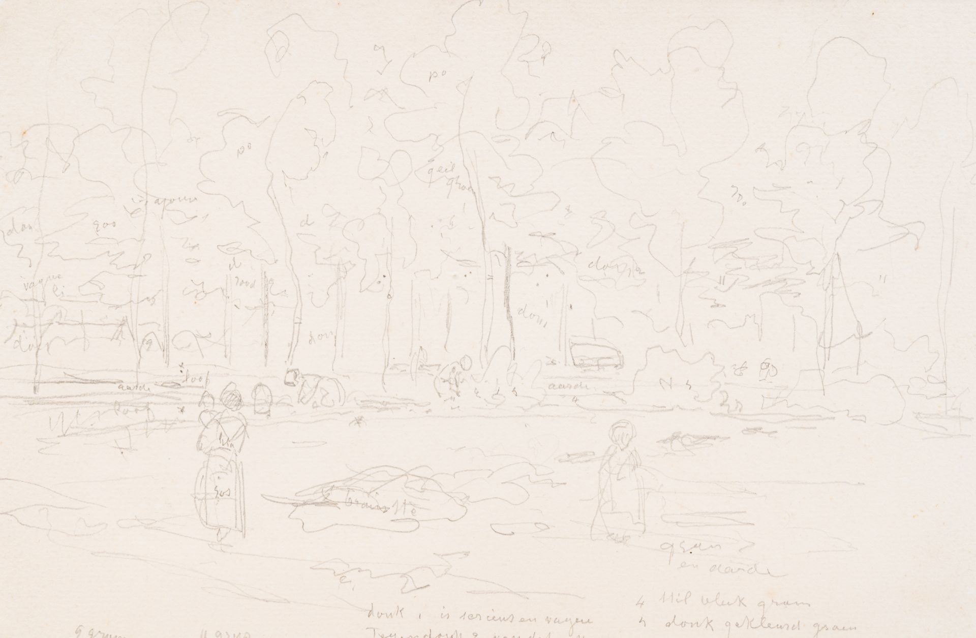 Xavier de Cock (1818-1896): Animated park view, pencil on paper
