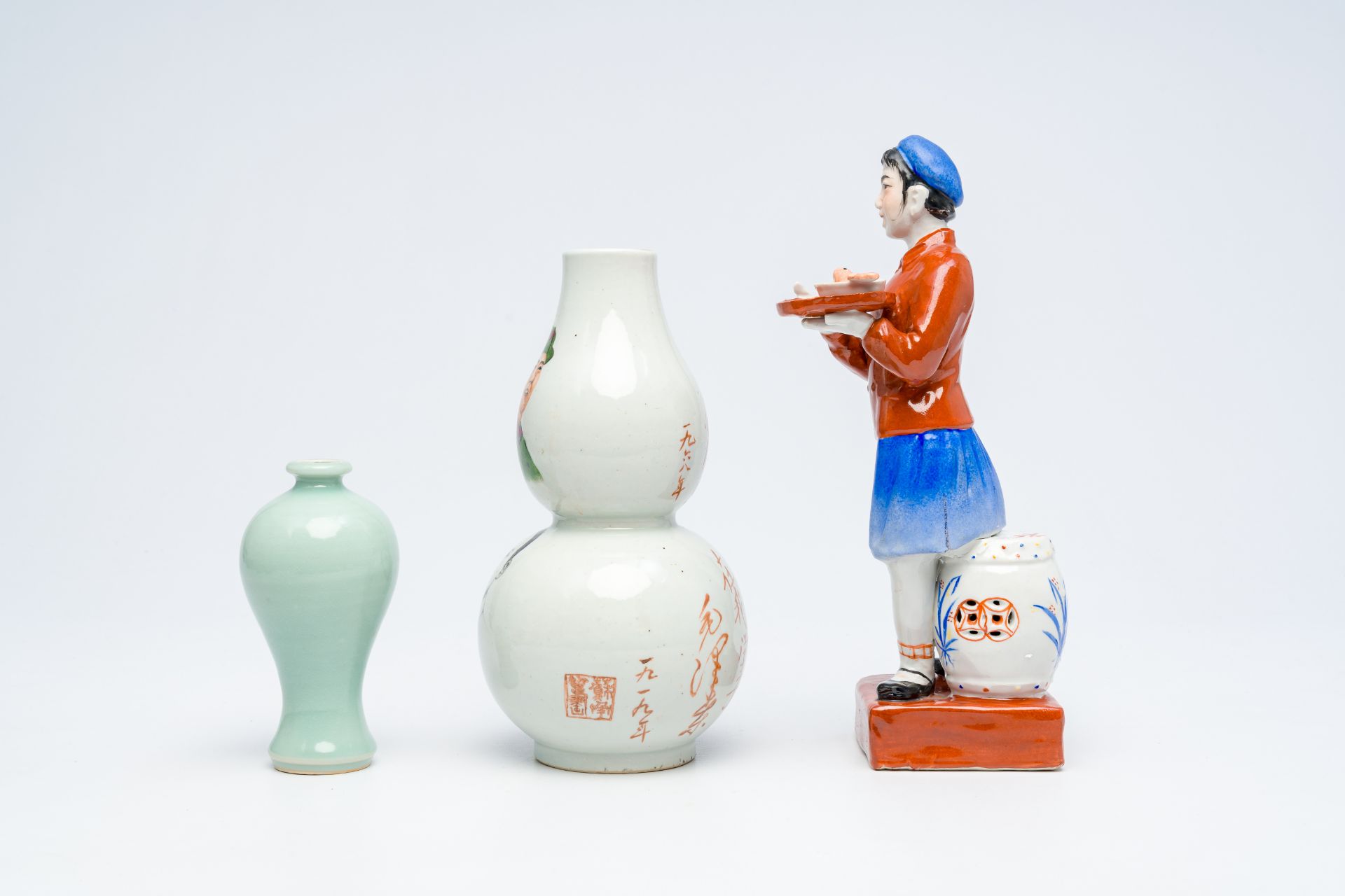 A Chinese monochrome celadon-glazed 'meiping' vase, a double gourd-shaped 'Mao' vase and a figure of - Image 6 of 16