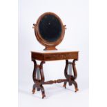 A mahogany toiletry table with lyre harp shaped base and marble top, 19th C.
