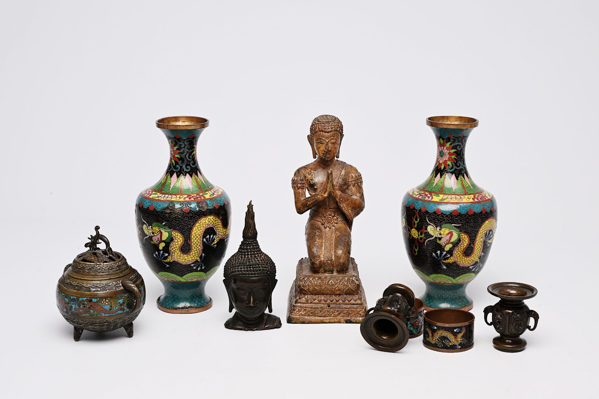 A varied collection of bronze and cloisonne items and two paintings on silk, China, Japan, Burma and - Image 3 of 7