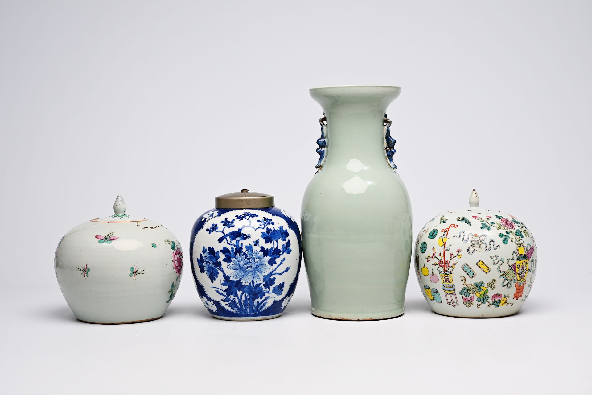 A Chinese blue and white celadon ground 'qilin and phoenix' vase and three famille rose, blue and wh - Image 5 of 12