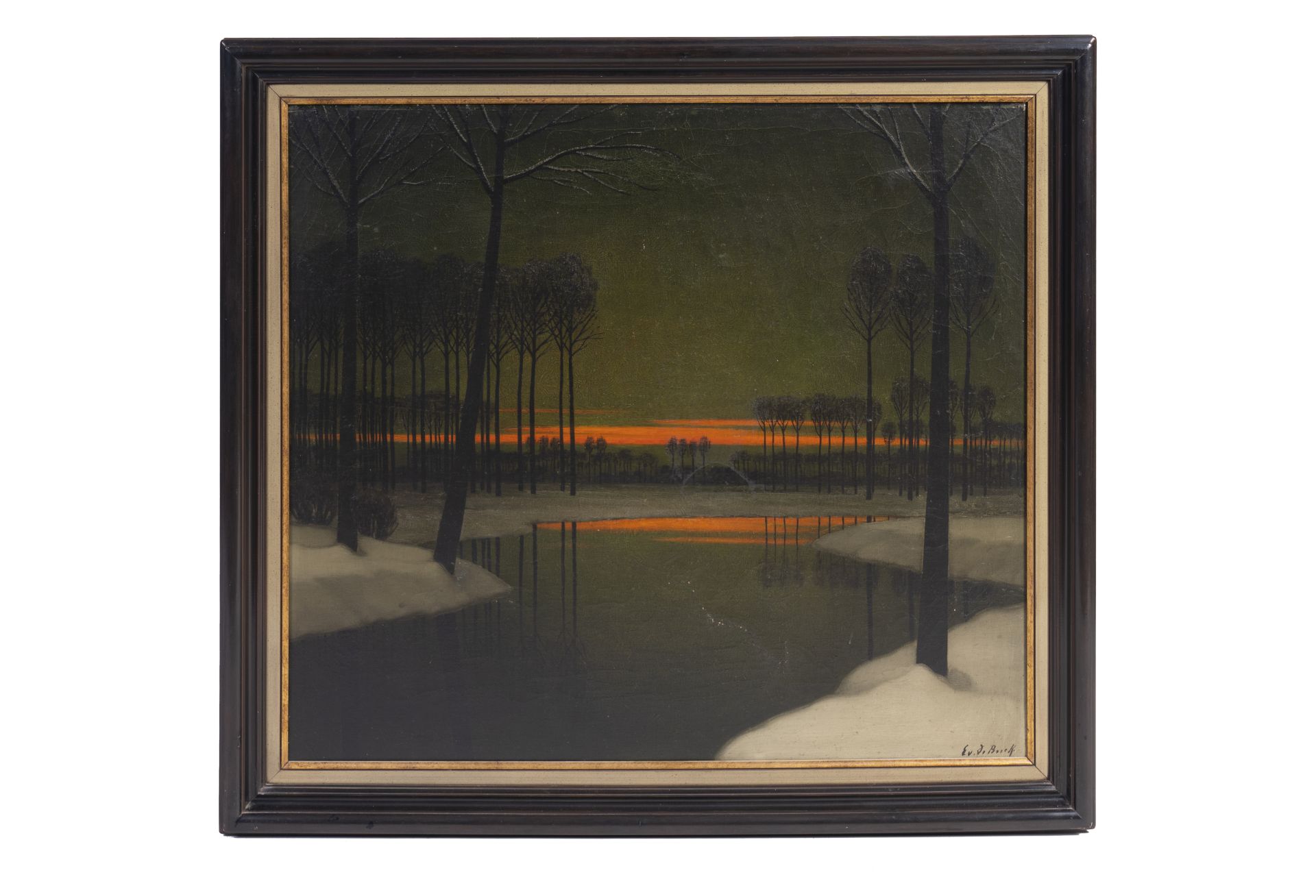 Evariste Gustave De Buck (1892-1974): Snow landscape with setting sun, oil on canvas - Image 2 of 4