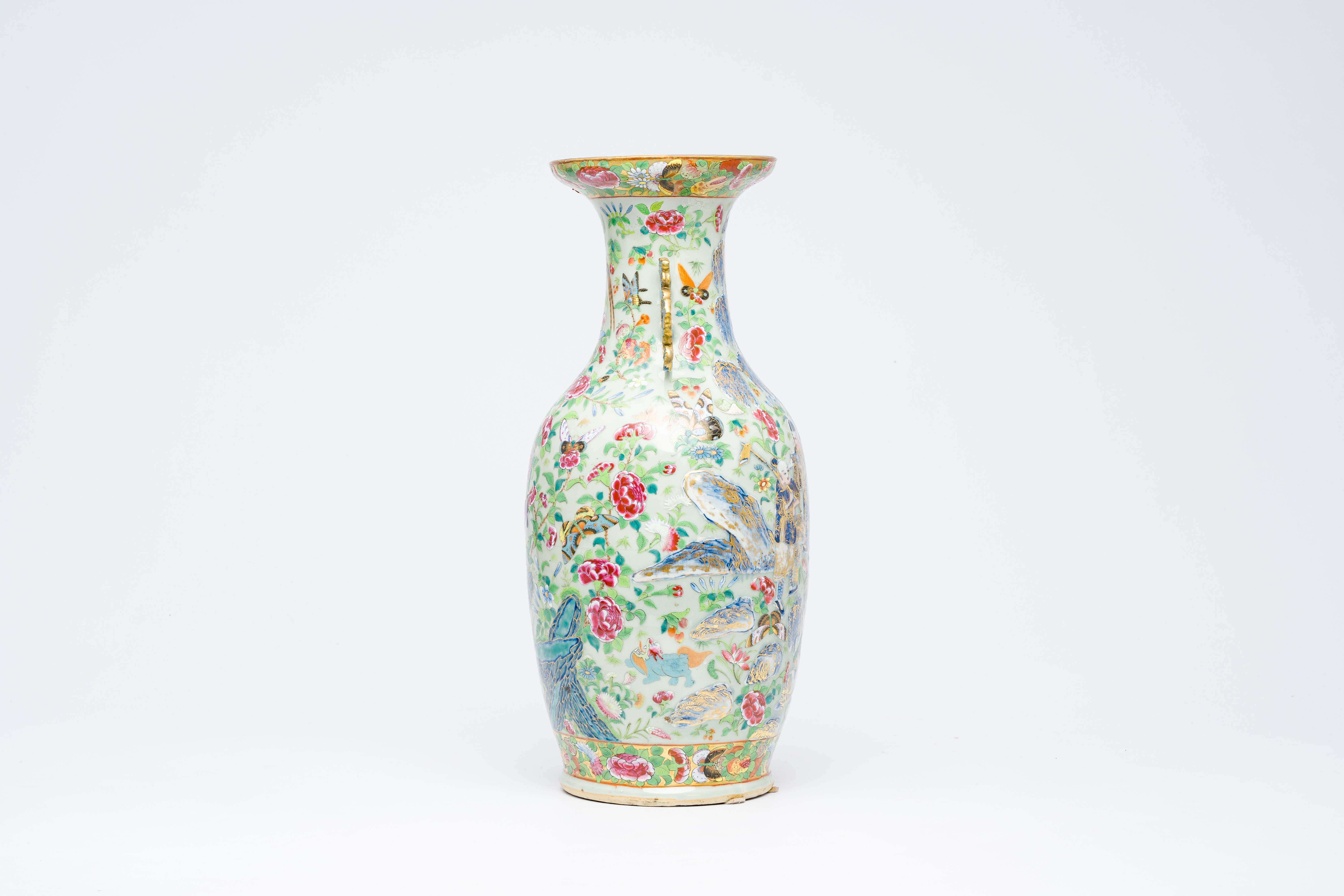 A Chinese Canton famille rose celadon ground vase with animals and figures among flowering branches, - Image 2 of 6