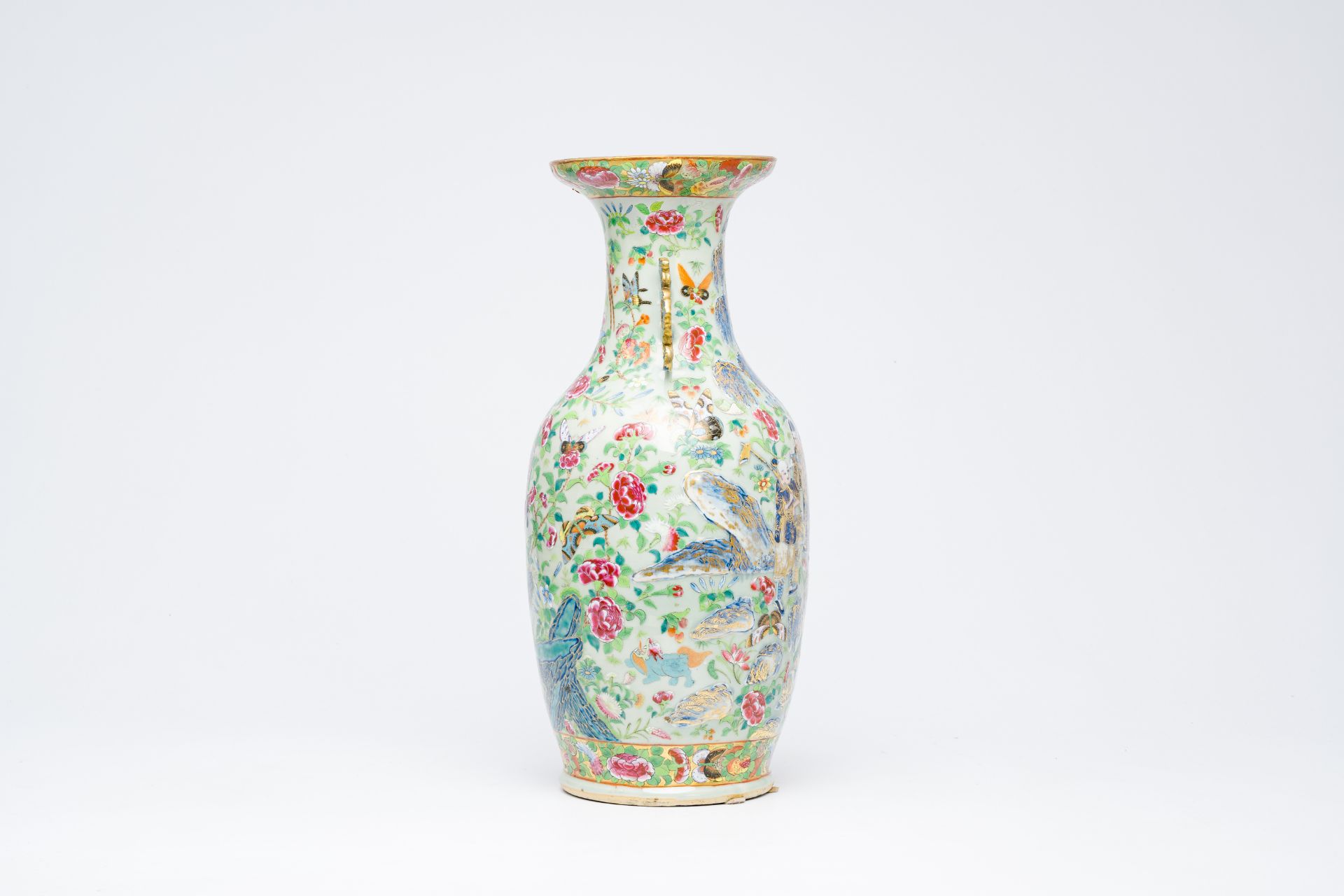 A Chinese Canton famille rose celadon ground vase with animals and figures among flowering branches, - Bild 2 aus 6