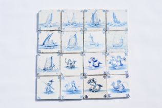 Sixteen Dutch Delft blue and white 'sea monster' and 'boat' tiles, 17th C.