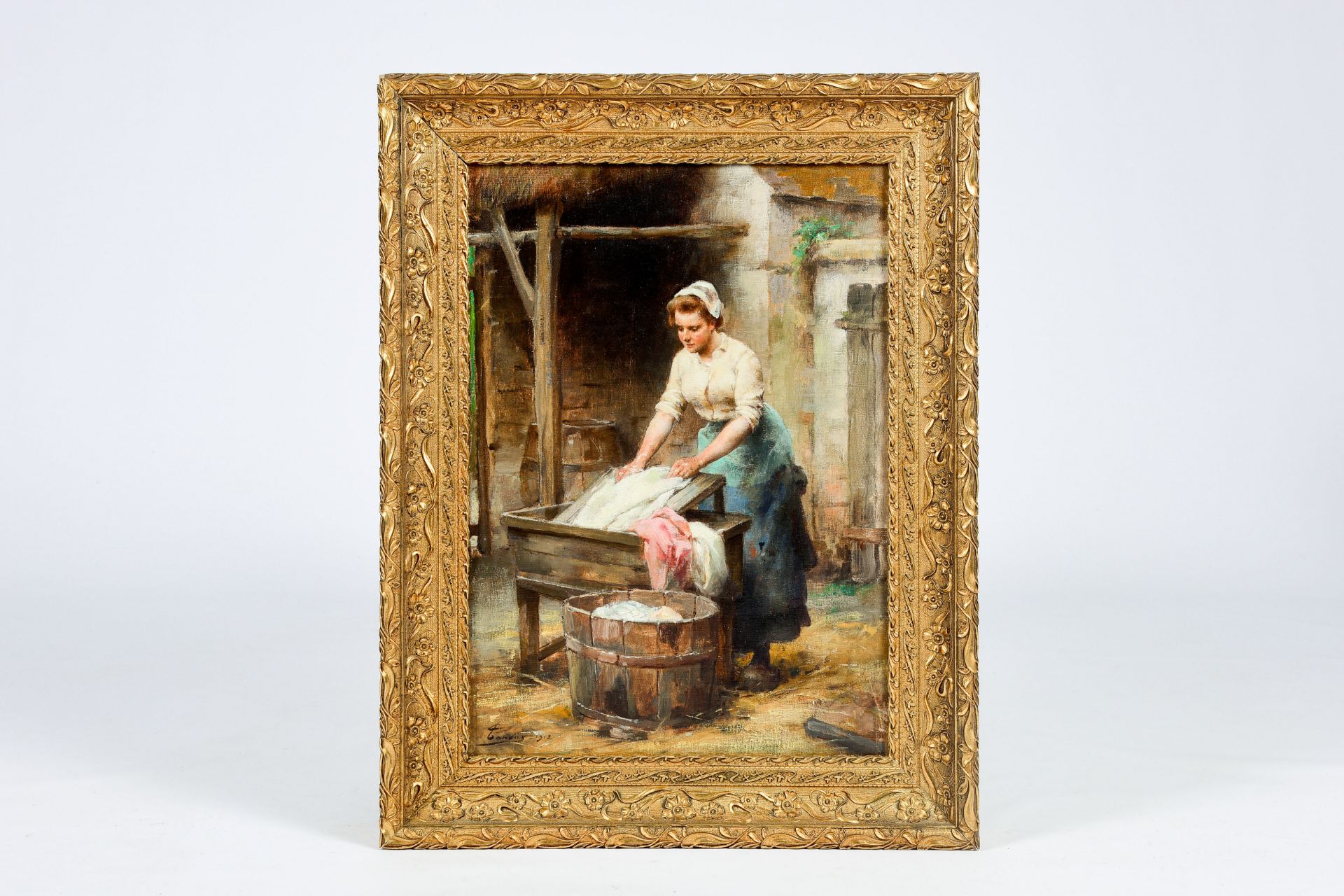 Adrien Henri Tanoux (1865-1923): The daily laundry, oil on canvas, dated 1912 - Image 2 of 5