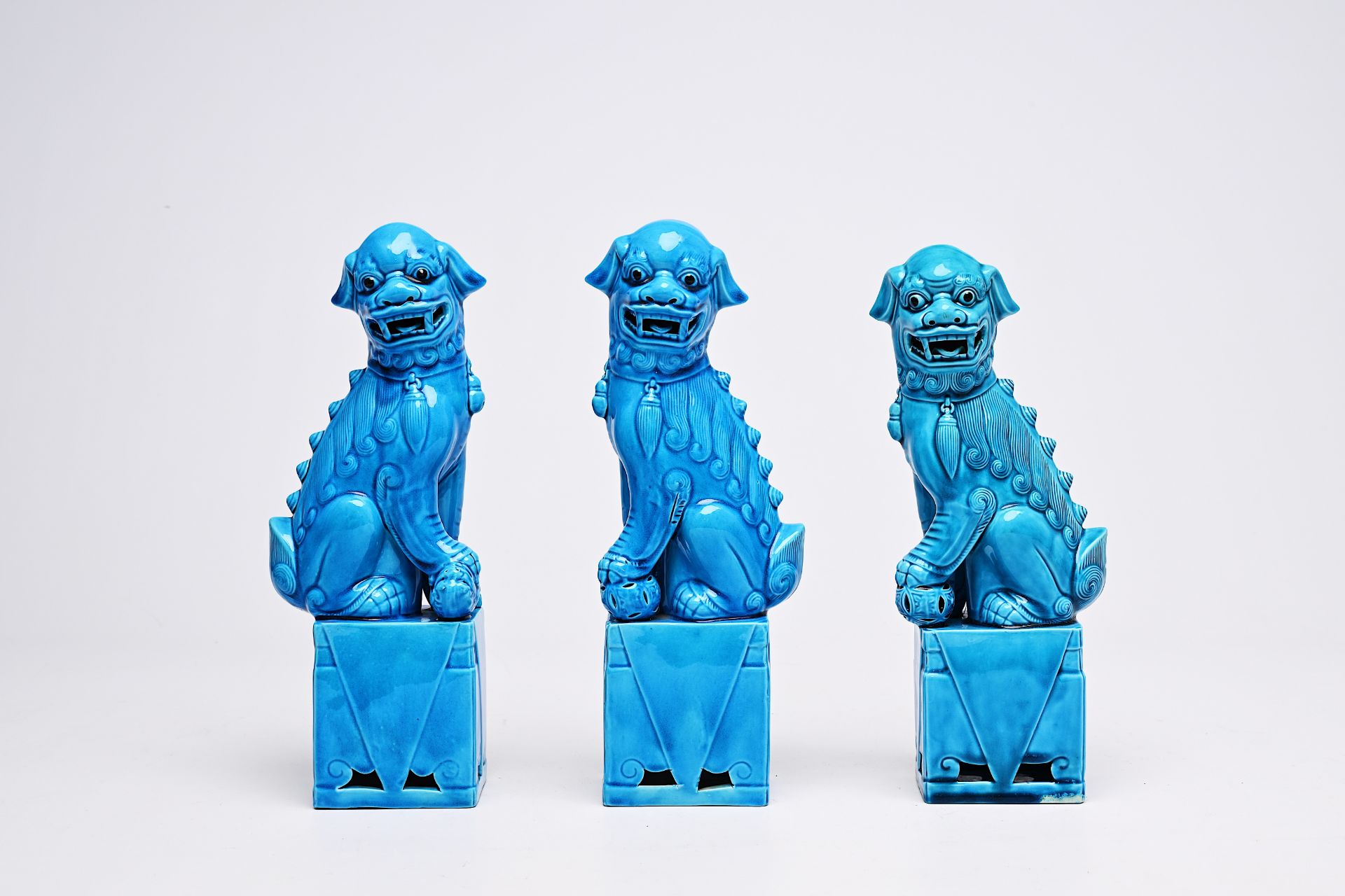 Five Chinese soapstone sculptures, three turquoise glazed lions and a pair of blue and white plates, - Image 12 of 24