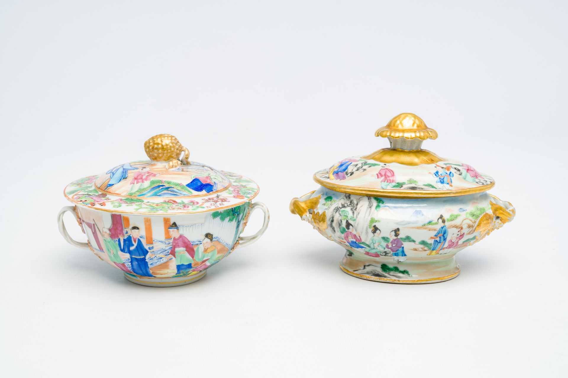 A Chinese Canton famille rose bowl and cover with palace scenes and a tureen and cover with playing