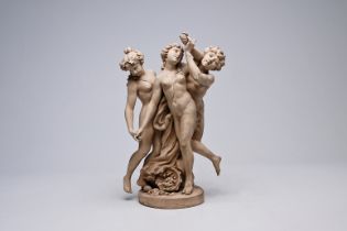 French school, after Clodion (1738-1814): Two nymphs and a satyr, patinated terracotta, Sevres mark,