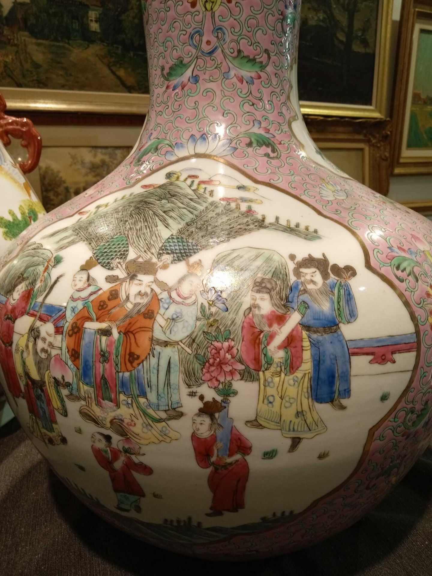 A Chinese famille rose tianqiu ping vase with Immortals and their servants in a landscape and a fami - Image 34 of 36