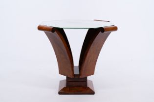 An octagonal veneered wood Art Deco side table with a mirror top, 20th C.