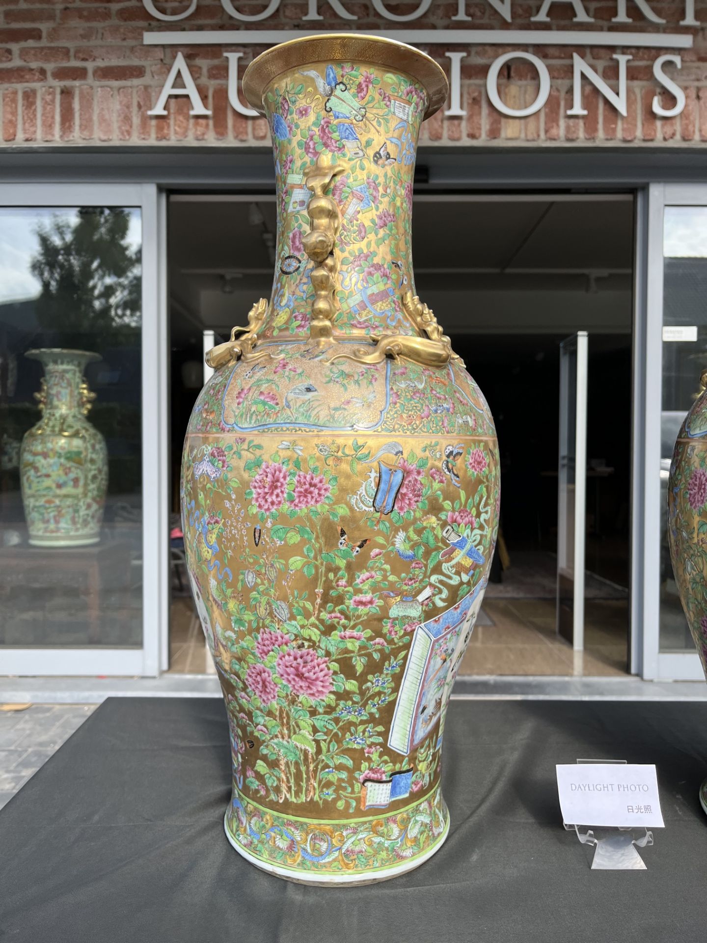 A pair of Chinese Canton famille rose gold ground vases with birds and butterflies among blossoming - Image 18 of 60