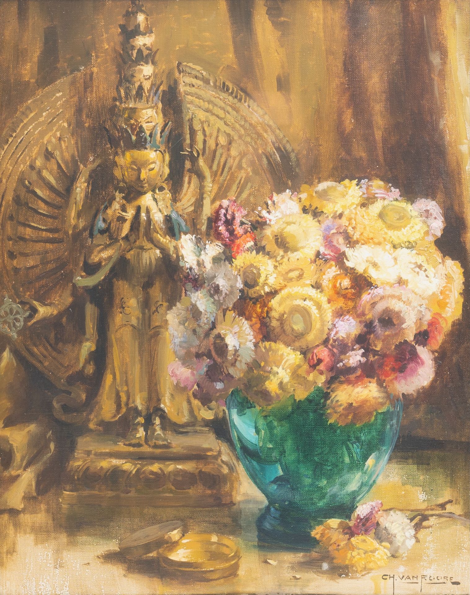 Charles Van Roose (1883-1960): Still life with flowers and a Buddha, oil on canvas