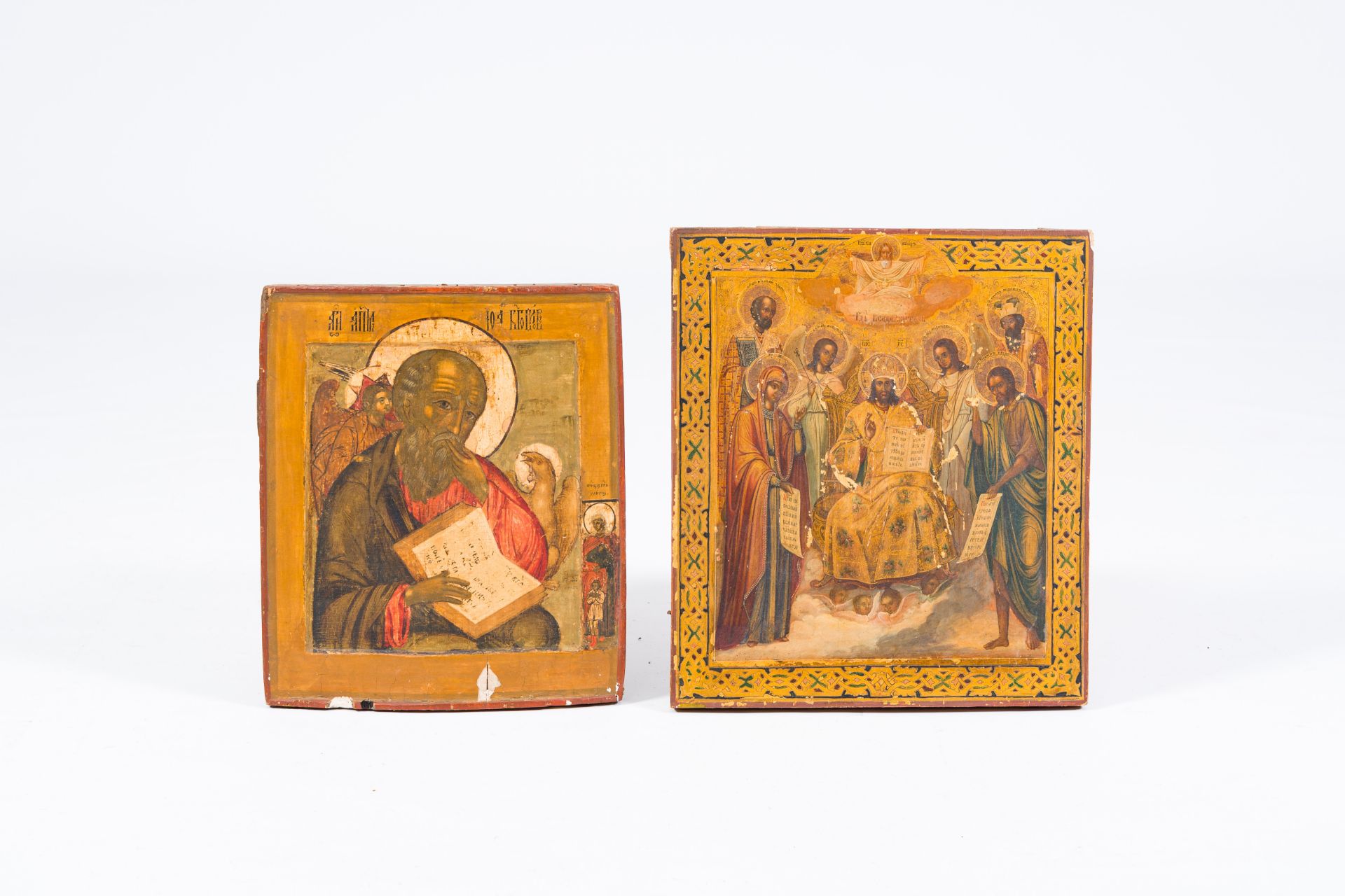 Two orthodox icons, 'Saint John the theologian in silence' and 'Jesus Christ enthroned', 18th/19th C