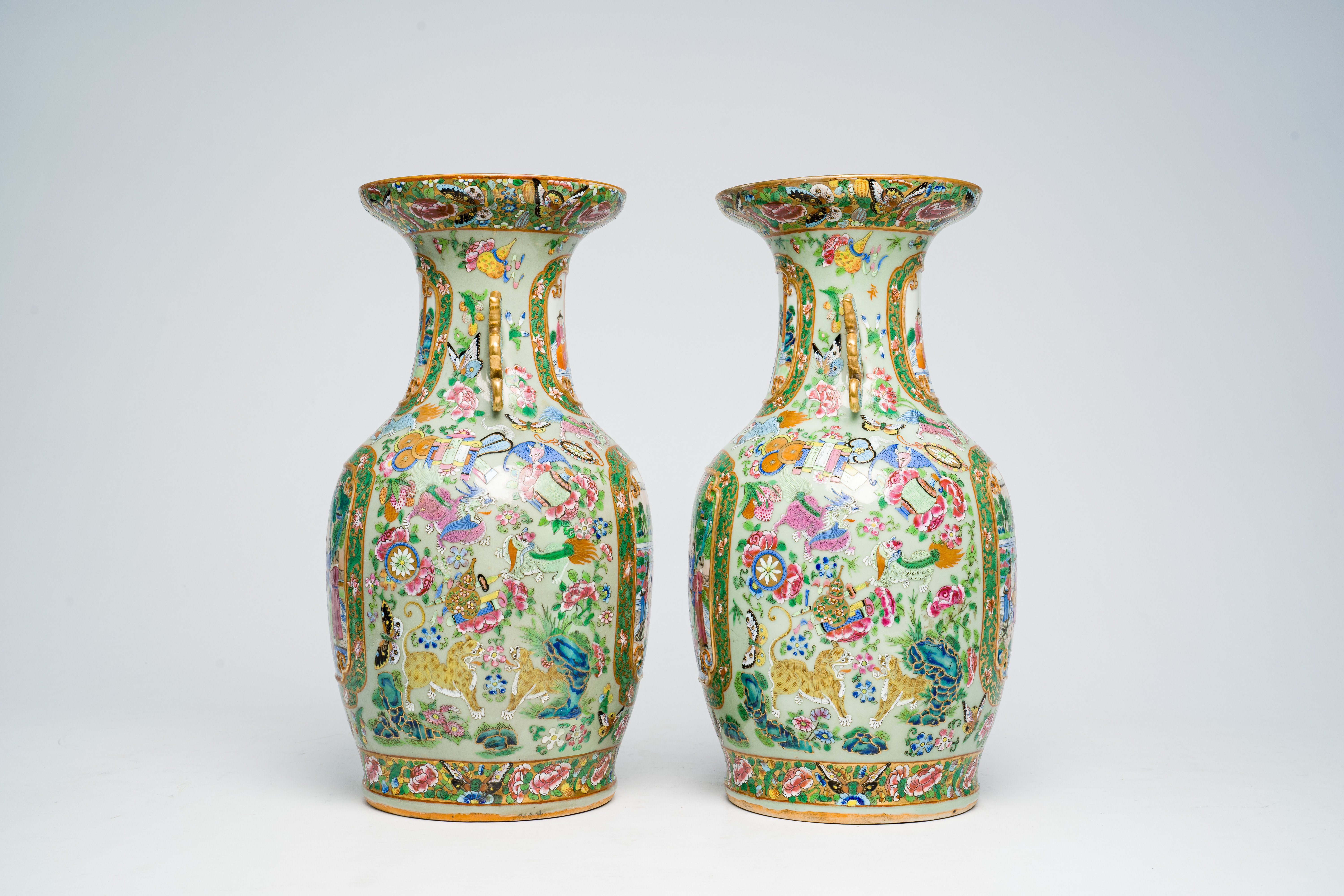 A pair of Chinese Canton famille rose celadon ground vases with palace scenes, animals and antiquiti - Image 7 of 64