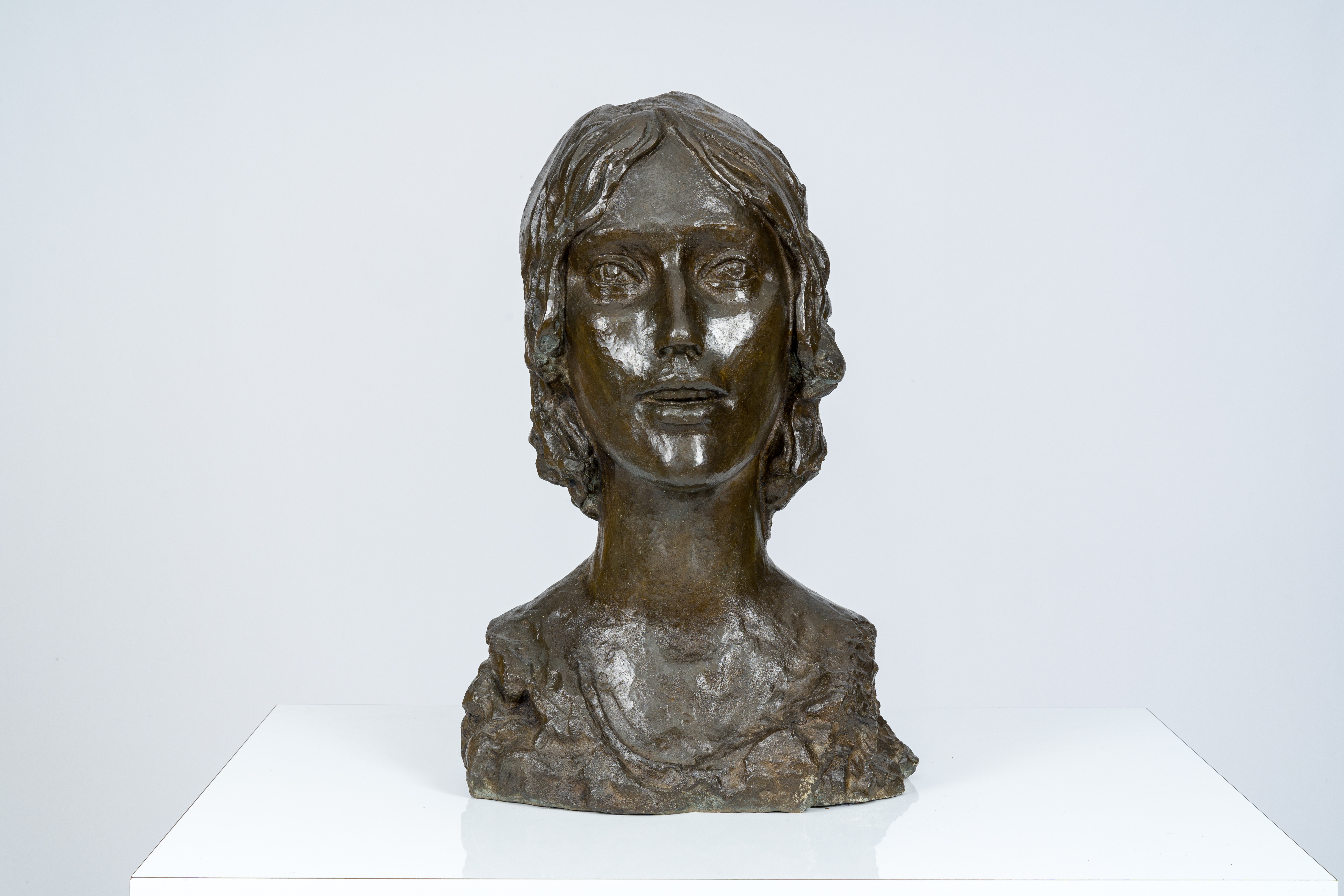 Eastern European school: Bust of a lady, brown patinated bronze, 20th C. - Image 2 of 7