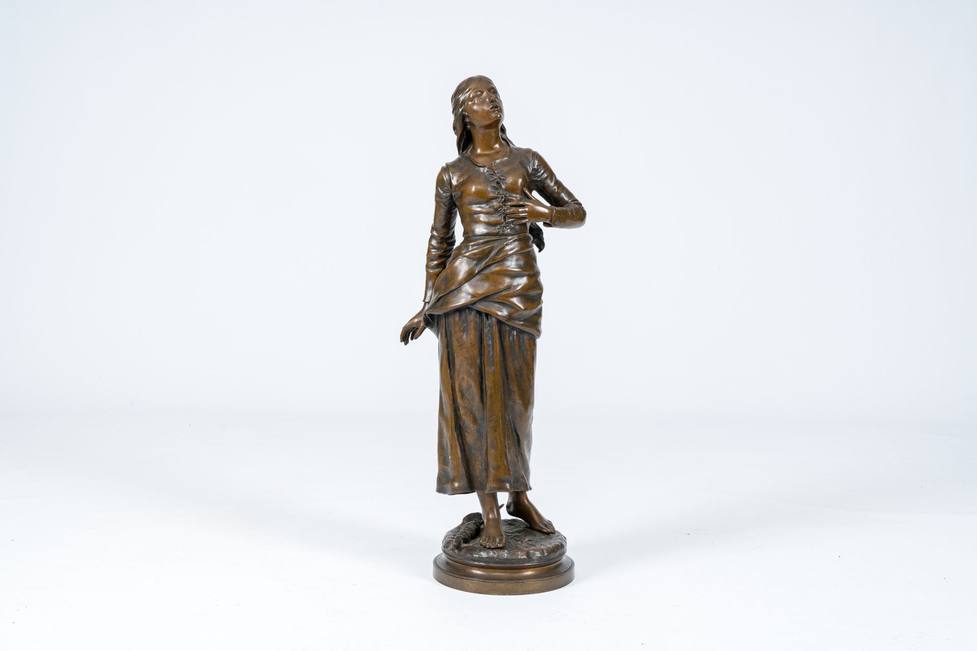 Edouard Drouot (1859-1945): 'Jeanne dâ€™Arc ecoutant ses voix', brown patinated bronze