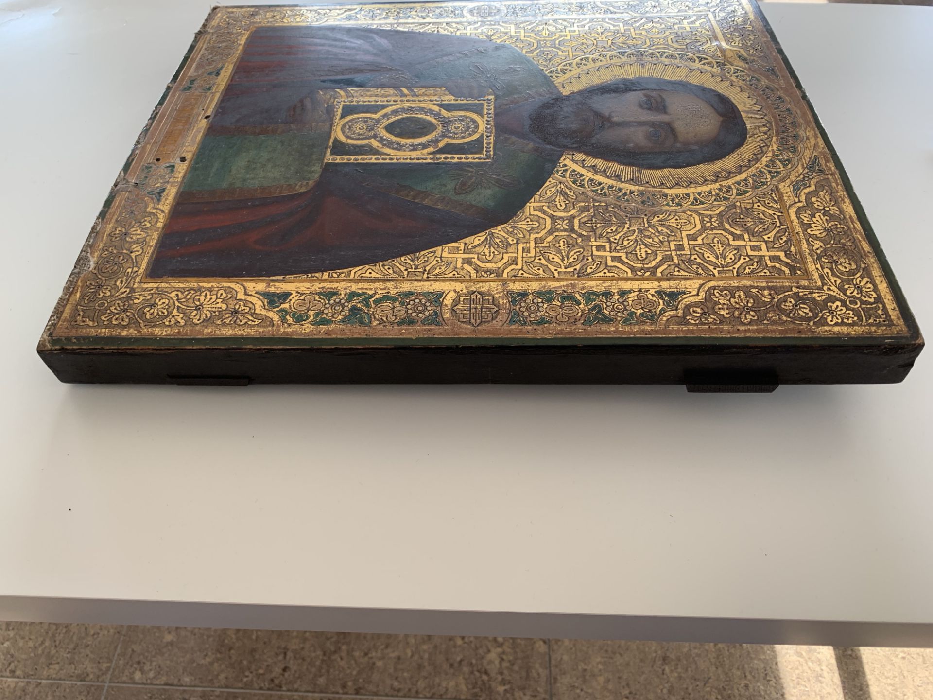Two large Russian icons, 'Christ Pantocrator' and 'Saint Nicholas', 18th/19th C. - Image 13 of 21