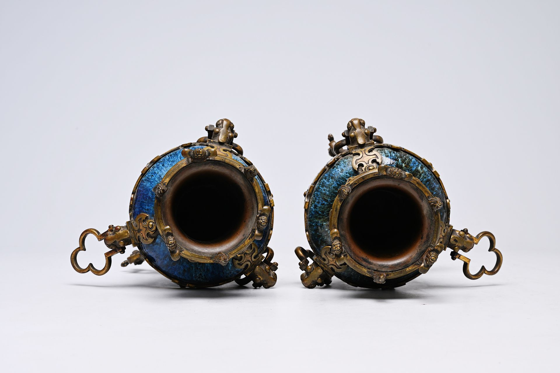 A pair of Chinese flambe glazed vases with gilt bronze mounts, 19th C. - Image 11 of 16