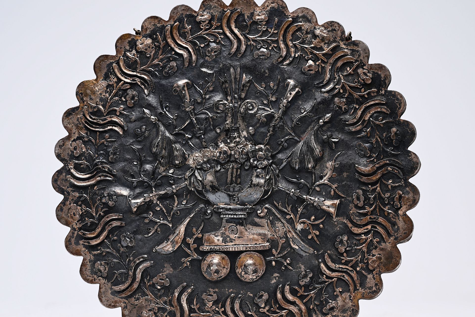 A Persian silver-plated mirror with relief design, marked, 19th/20th C. - Image 3 of 3