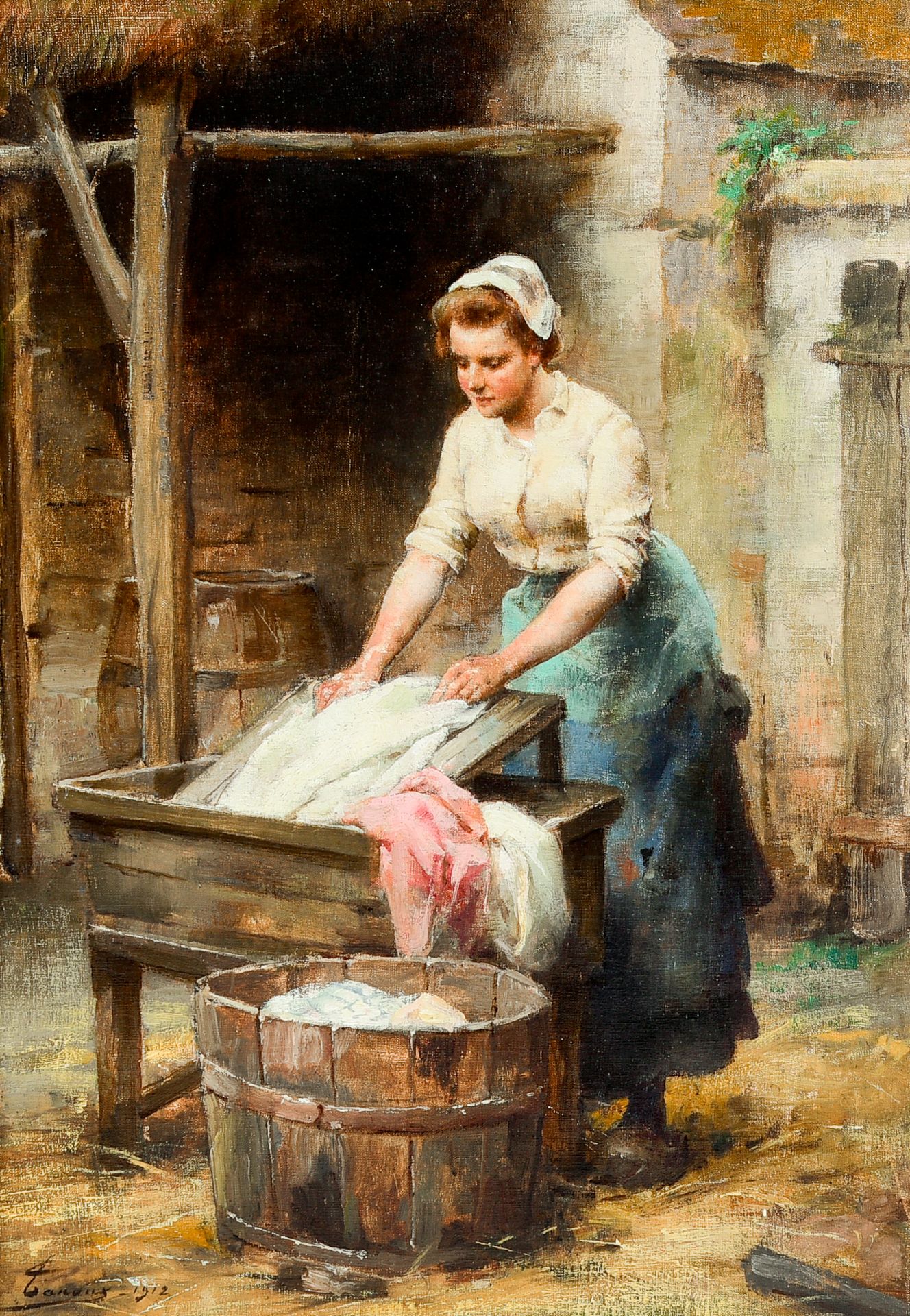 Adrien Henri Tanoux (1865-1923): The daily laundry, oil on canvas, dated 1912