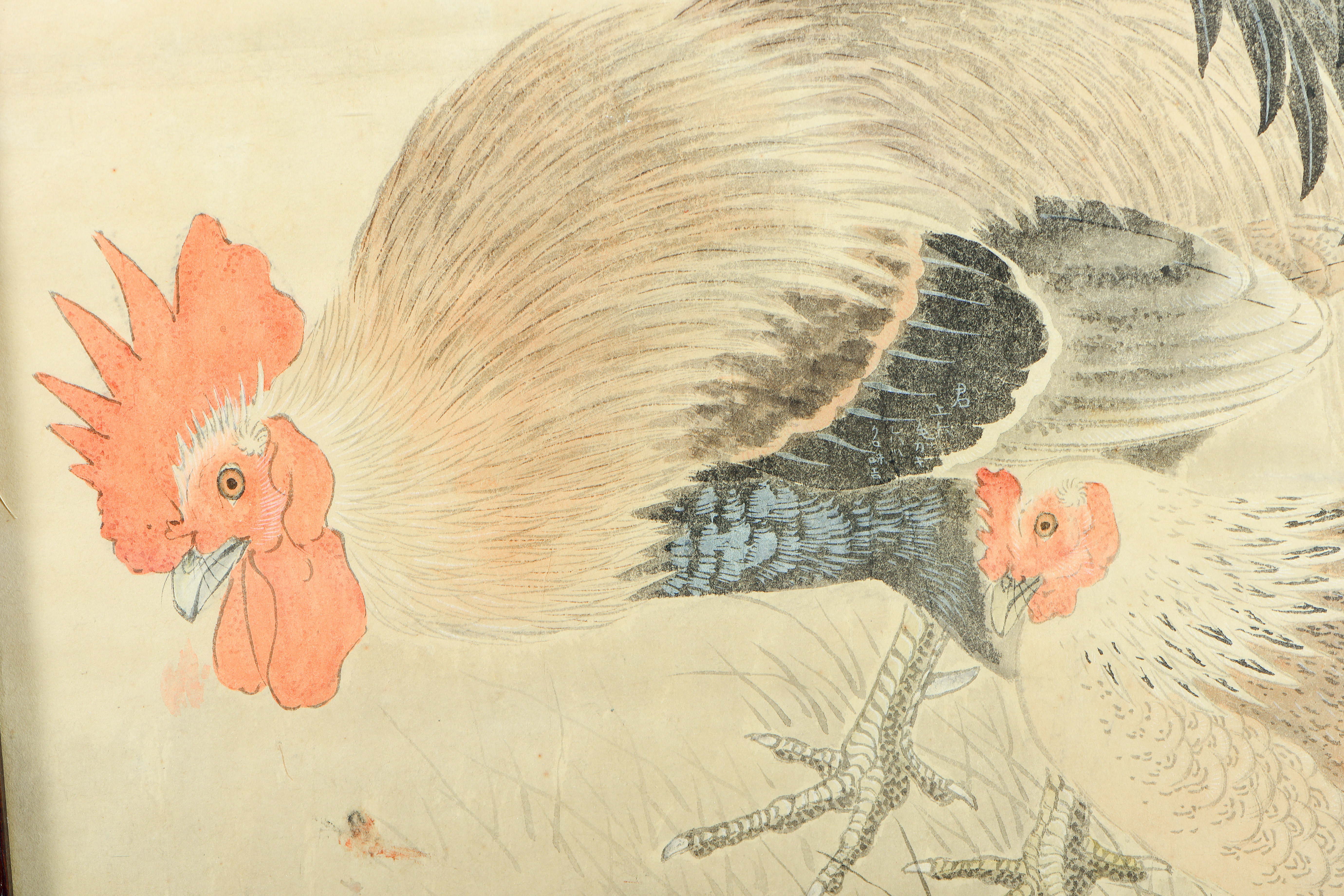 Chinese school: A rooster and a chicken, print and watercolour, 20th C. - Image 5 of 5