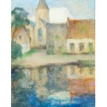 Carolus Tremerie (1858-1945): Village on the banks of the water, pastel on paper