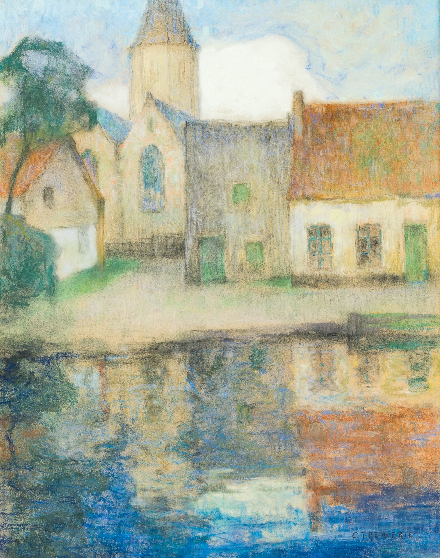 Carolus Tremerie (1858-1945): Village on the banks of the water, pastel on paper