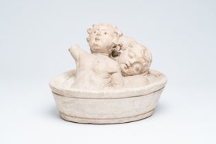 A French limestone group depicting the three Saint Nicholas children in a tub, 16th C.