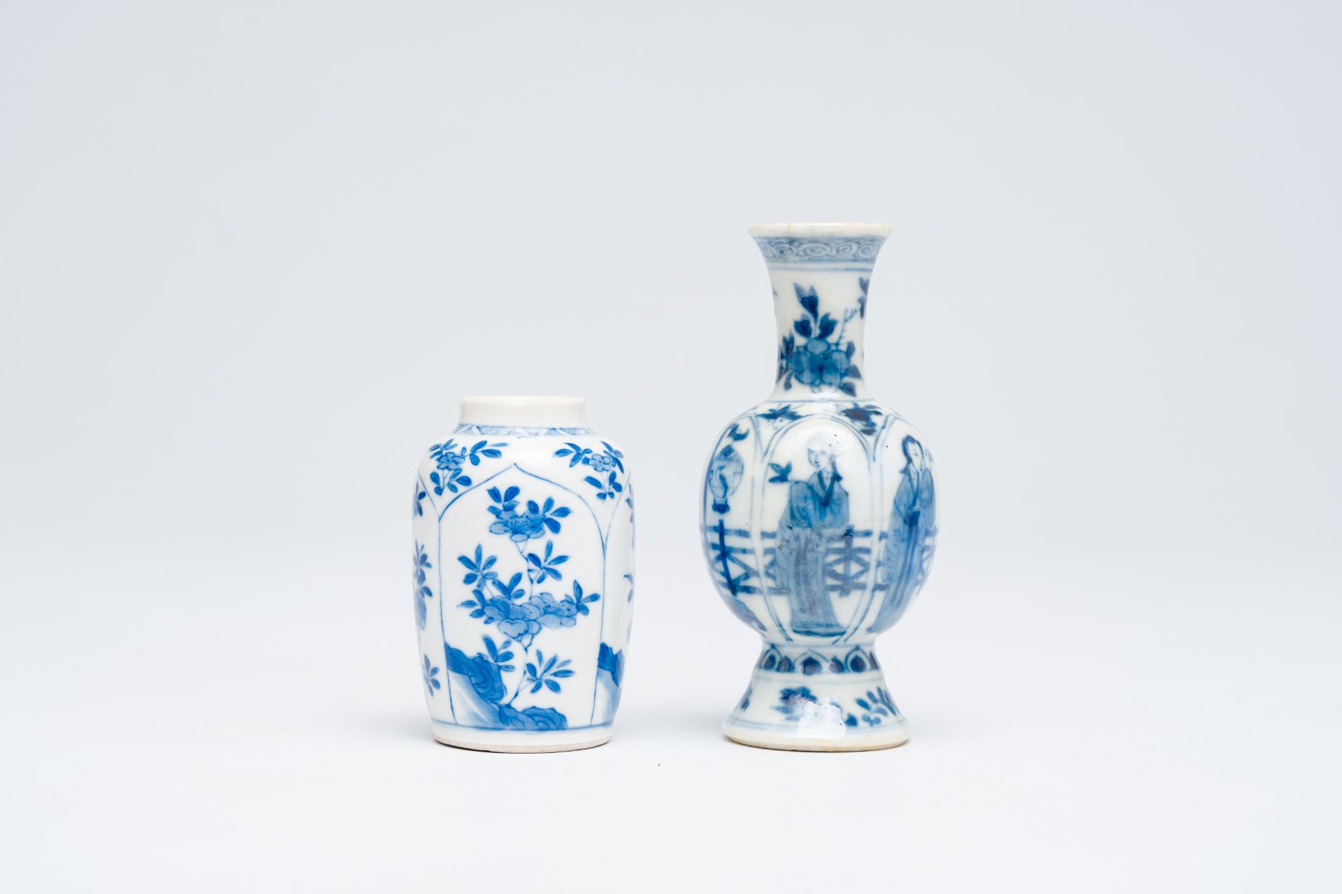 A Chinese blue and white soft paste vase with floral design and a 'ladies and birdcages' vase, Kangx - Image 4 of 6