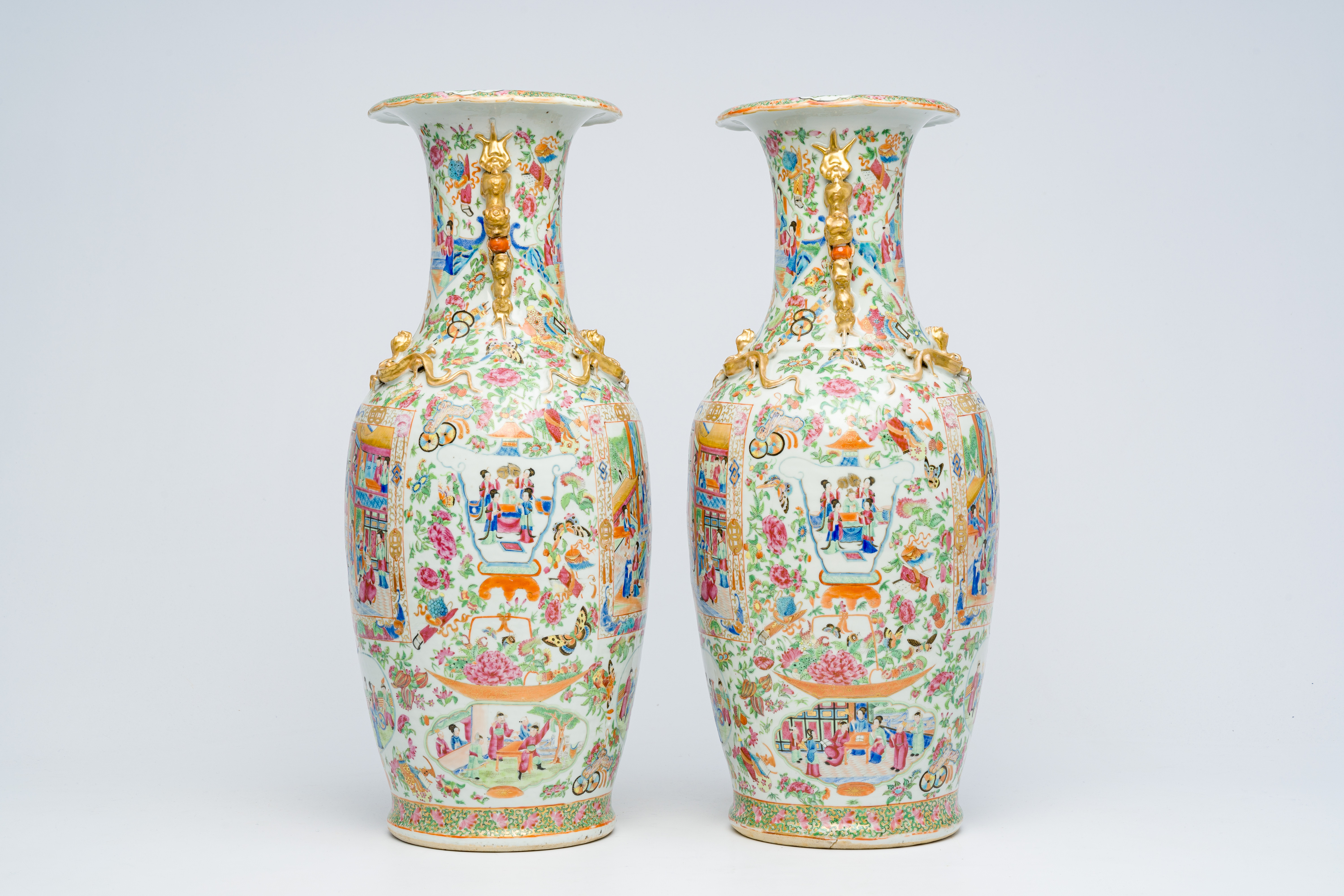 A pair of Chinese Canton famille rose vases with animated scenes, auspicious symbols and butterflies - Image 4 of 6
