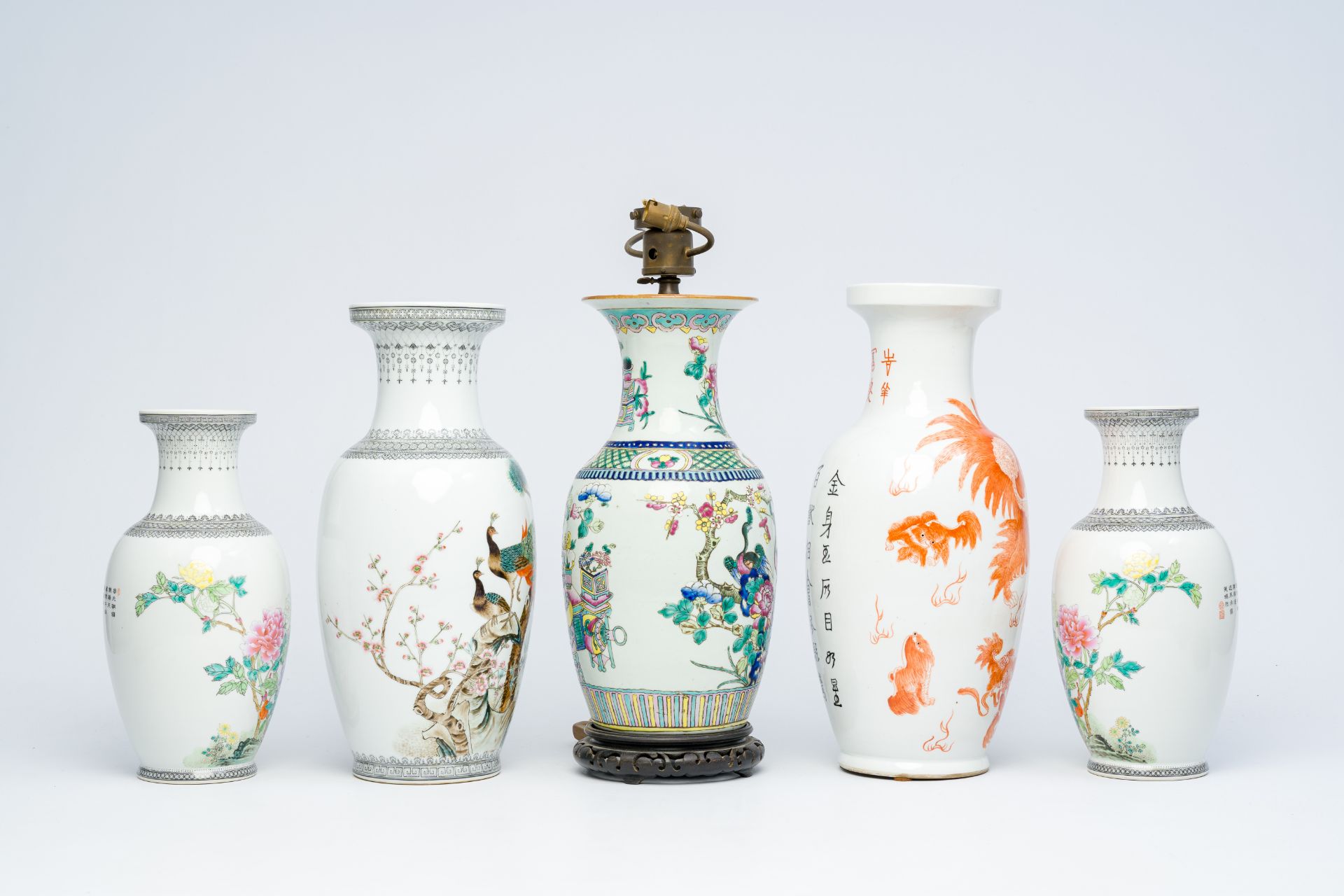 Nine various Chinese famille rose and iron-red vases, 19th/20th C. - Image 9 of 34