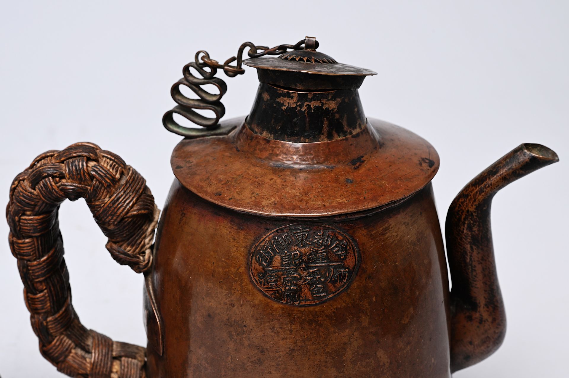 Three Chinese brass opium lamps and a wine warmer, Republic - Image 9 of 9