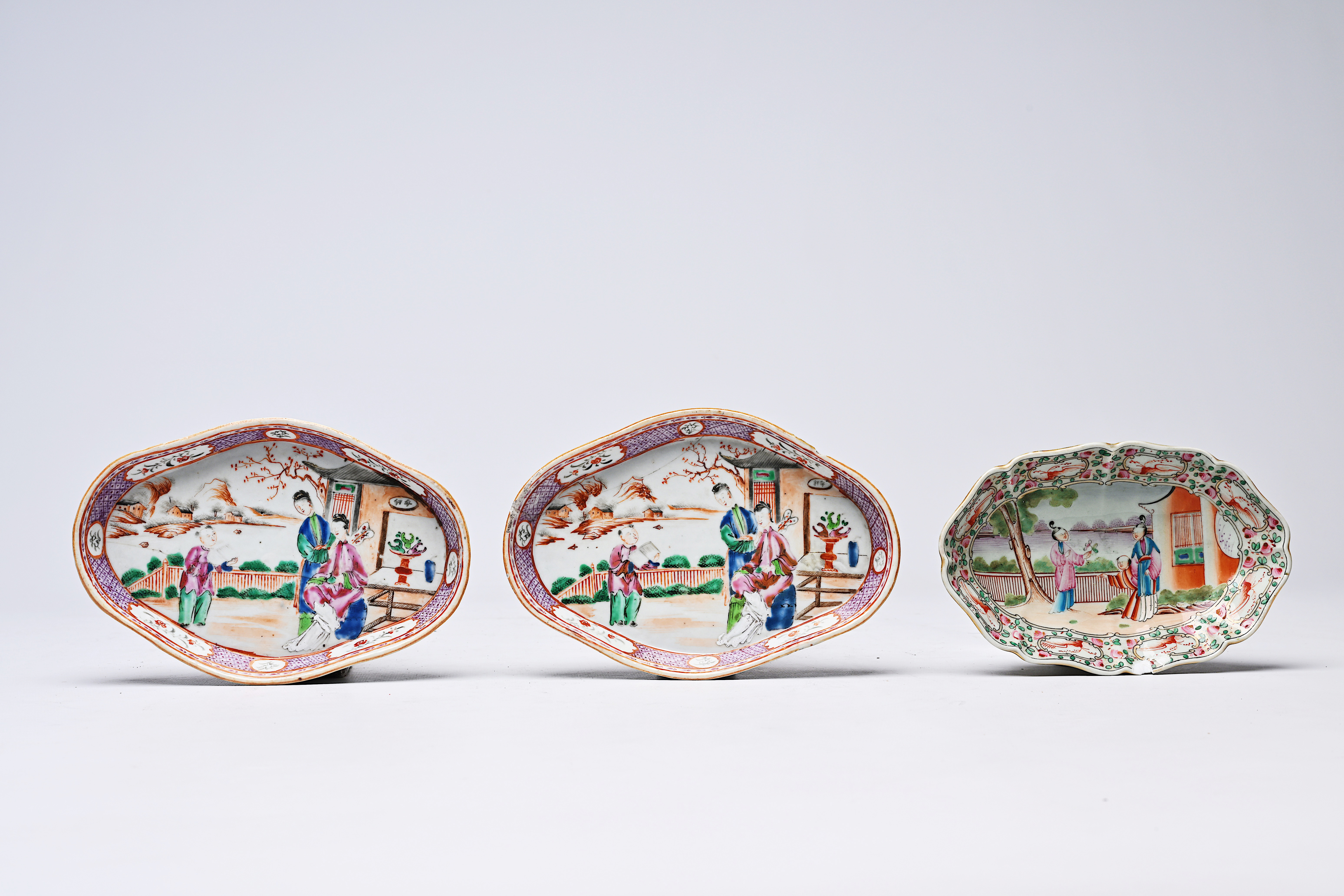 Three Chinese famille rose 'mandarin subject' spoon trays, 18th/19th C. - Image 2 of 4