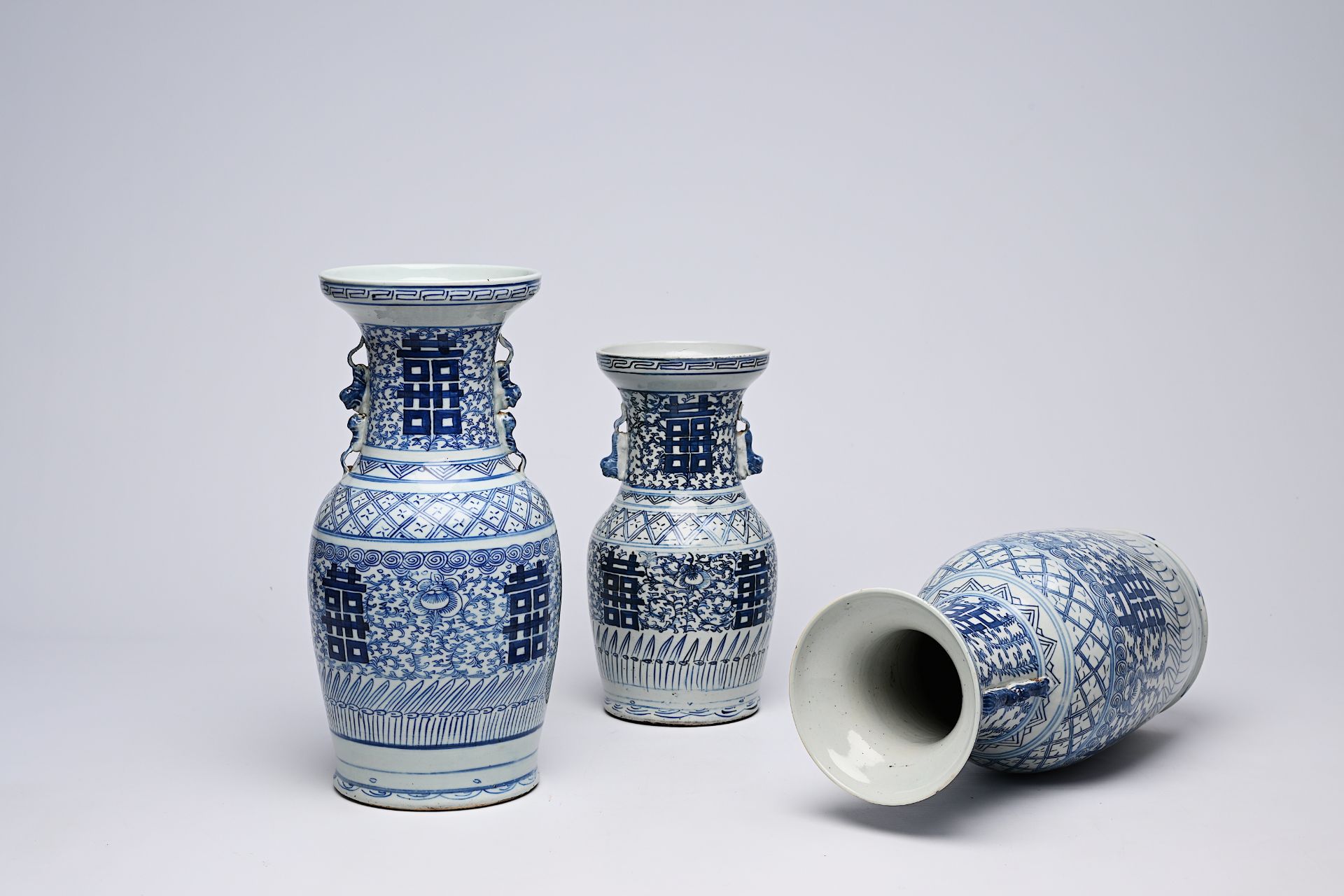 Three Chinese blue and white 'Xi' vases, 19th/20th C. - Image 12 of 22