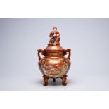A Japanese Kutani incense burner crowned with an Immortal with ladies in a landscape, dragons and bi