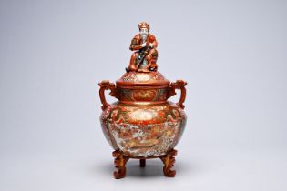 A Japanese Kutani incense burner crowned with an Immortal with ladies in a landscape, dragons and bi