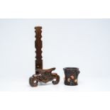 A large Chinese carved wood dish stand and a soapstone inlaid brush pot, 19th/20th C.