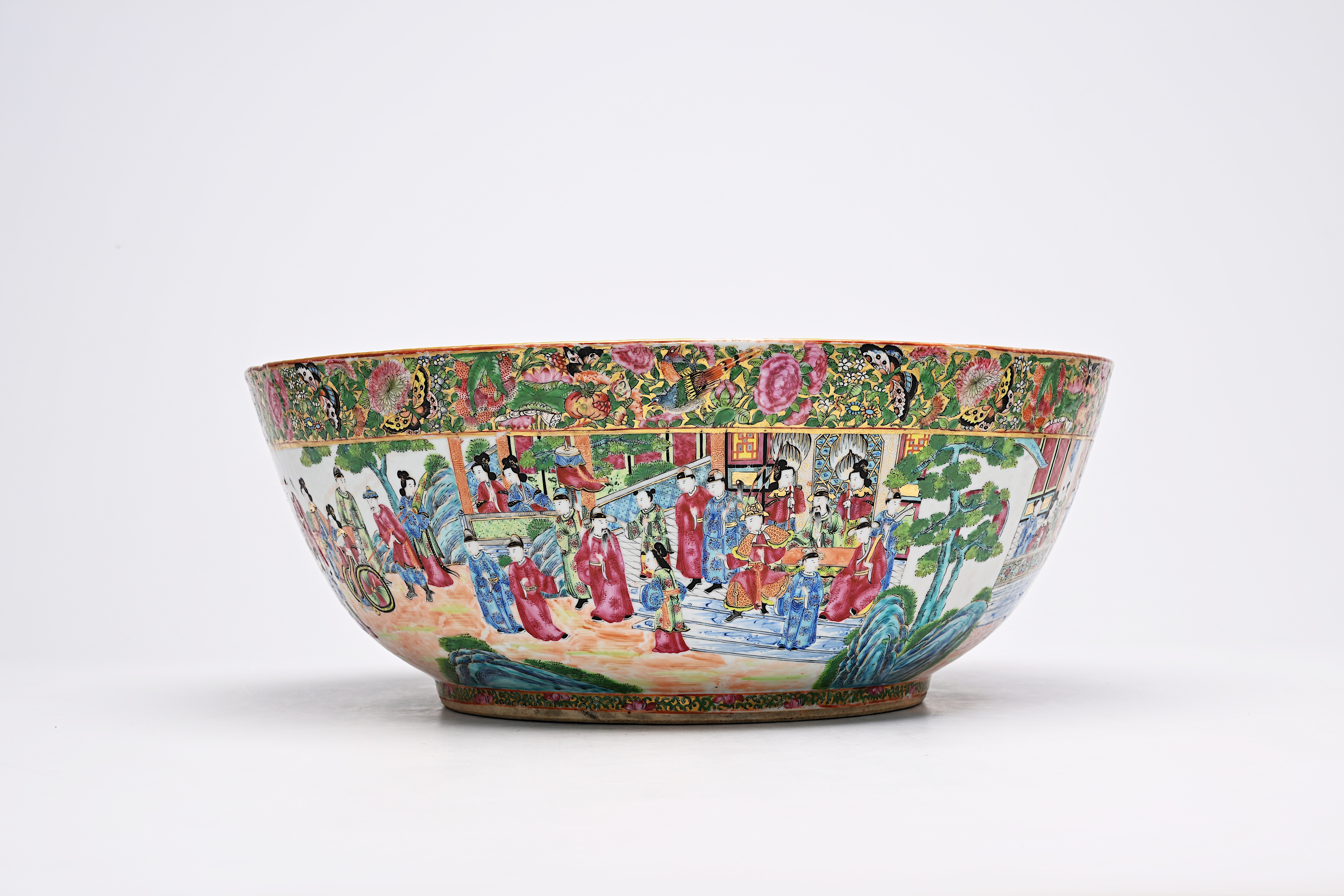 A large Chinese Canton famille rose bowl with floral design and palace scenes, 19th C. - Image 3 of 9