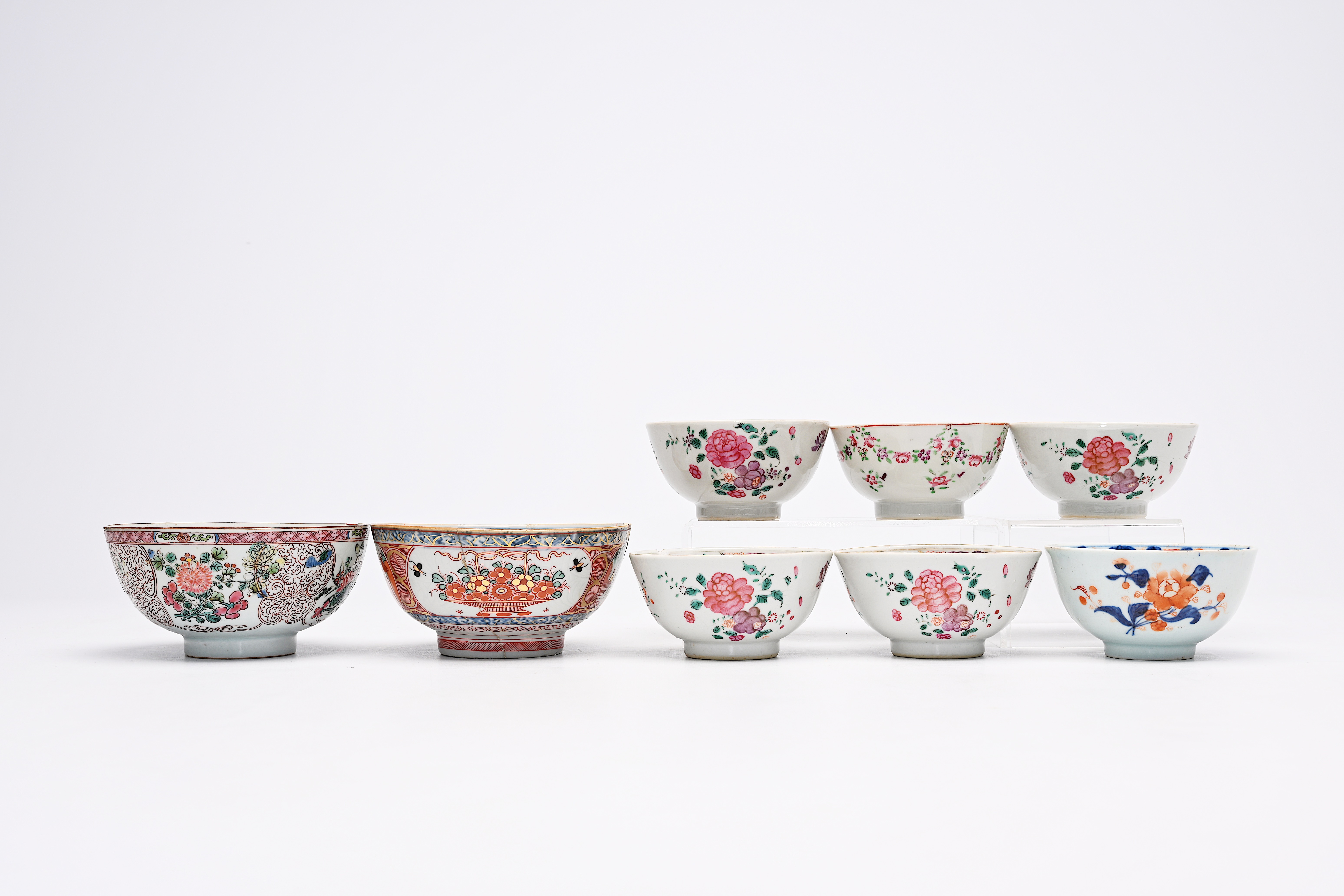 Eight Chinese famille rose, Imari style and Amsterdams bont cups and bowls, Yongzheng/Qianlong - Image 3 of 12