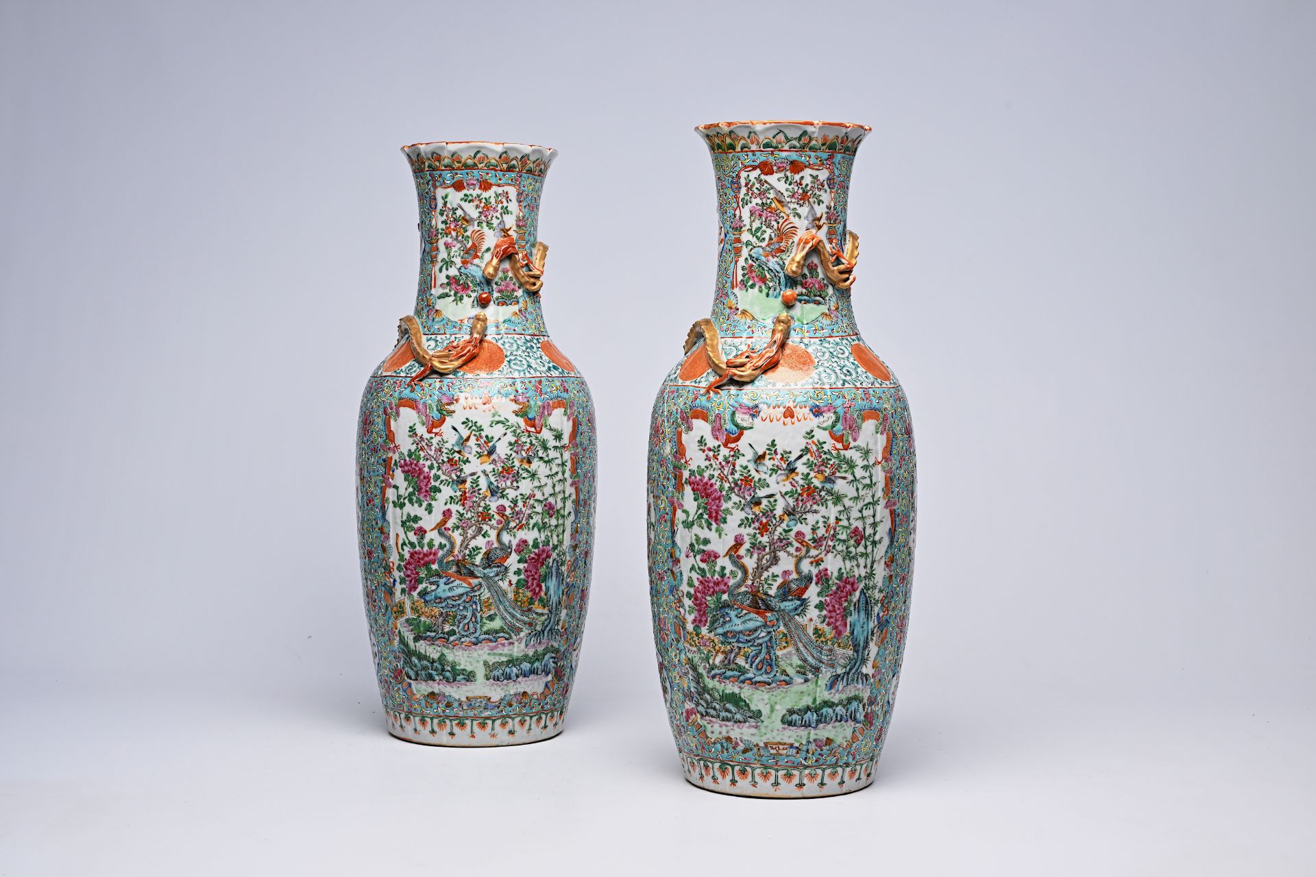 A pair of Chinese Canton famille rose turquoise ground vases with birds among blossoming branches, 1 - Image 8 of 8