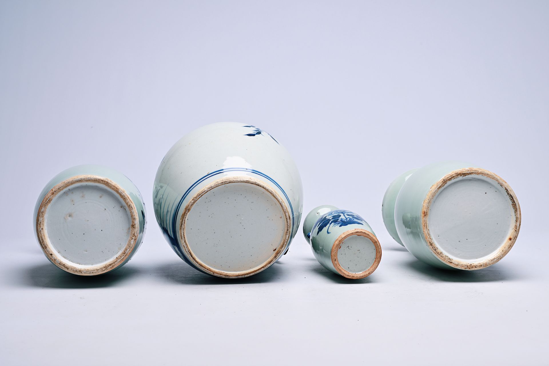 Three Chinese blue and white celadon-ground vases and a blue and white jar, 19th C. - Image 14 of 14