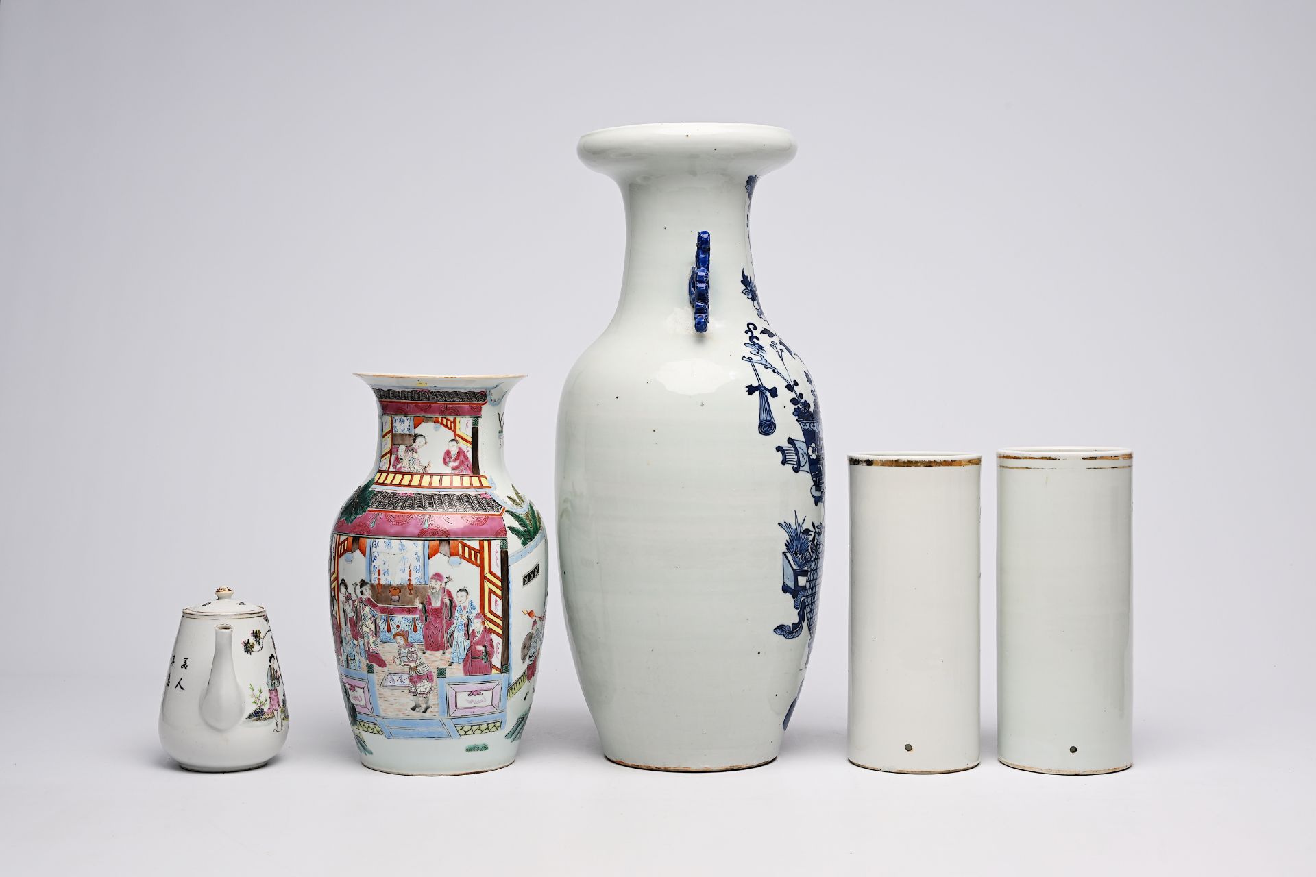 A Chinese blue and white celadon ground vase, a famille rose vase, a teapot and two hat stands, 19th - Image 7 of 12