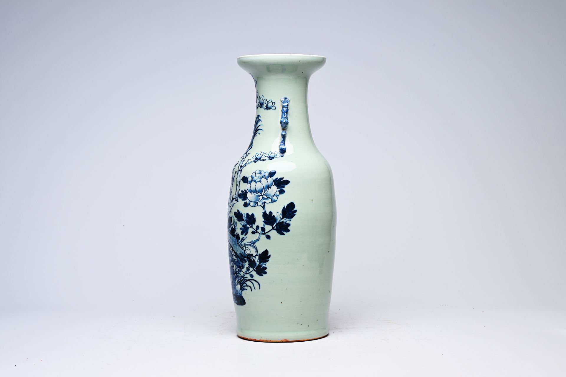 A Chinese blue and white celadon ground vase with birds among blossoming branches, 19th C. - Image 2 of 8